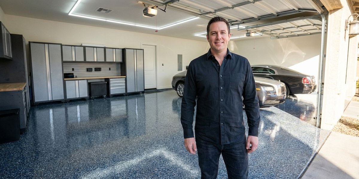 Beautiful epoxy garage floor adding value to Phoenix Arizona home showing showroom quality finish