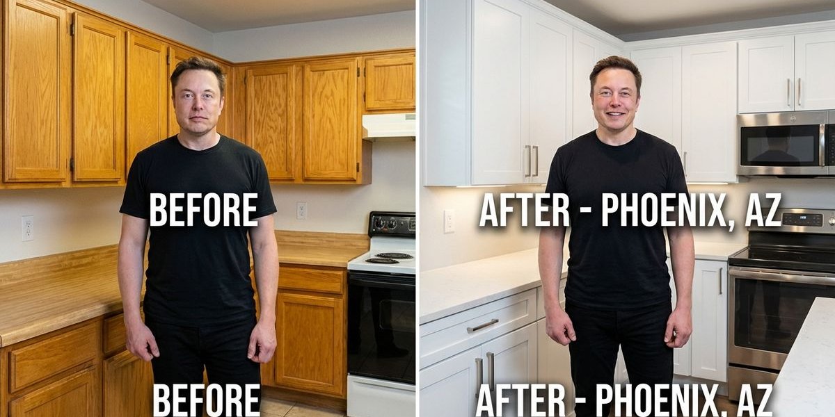 Before and after comparison of kitchen cabinet painting showing dated oak cabinets transformed to modern white finish in Phoenix Arizona kitchen