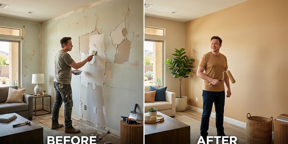 Before and after interior painting showing wall repair and fresh paint in Phoenix Arizona living room