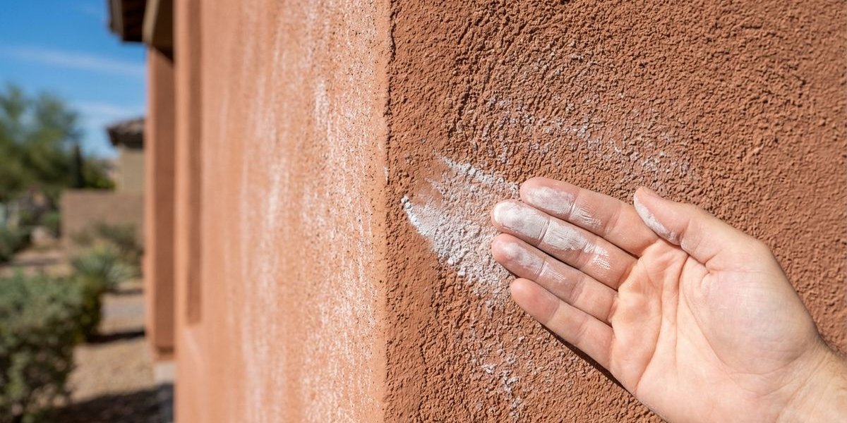 Close up of chalking paint on Phoenix Arizona stucco home exterior showing powdery residue on surface