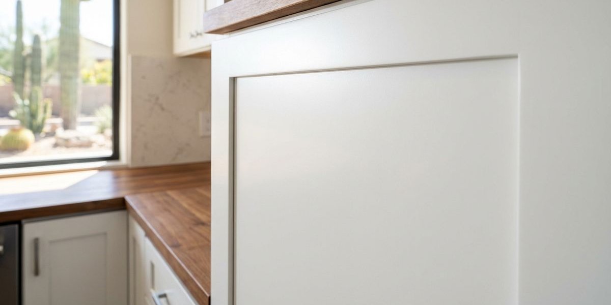 Close up of durable professional cabinet paint finish showing smooth texture on Phoenix Arizona kitchen cabinet door