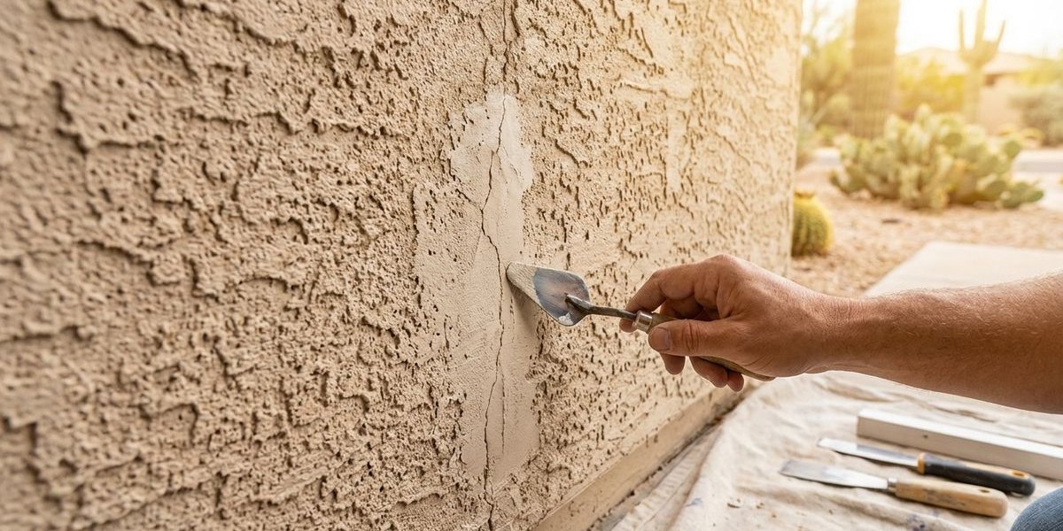 Close-up of stucco crack repair showing texture matching technique on Phoenix Arizona home exterior wall