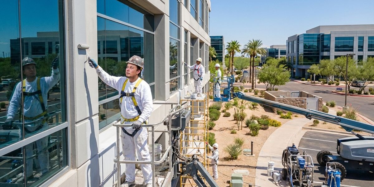 Commercial painting crew working on multi-story office building in Phoenix Arizona business park using professional equipment and safety gear