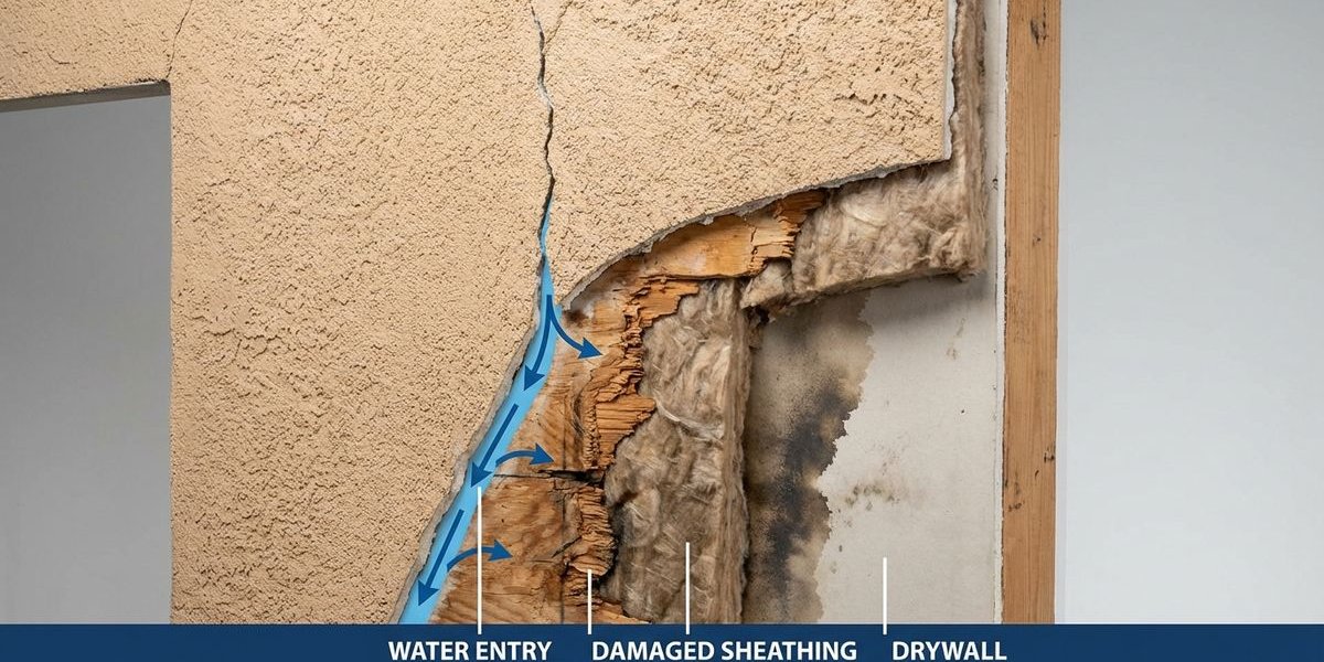 Cross section showing how water enters through stucco crack and damages underlying structure in Arizona home