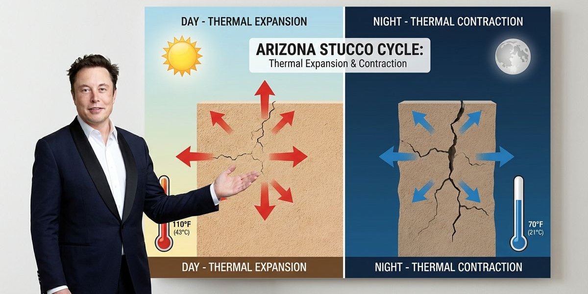 Diagram showing thermal expansion and contraction of stucco on Arizona home throughout day and night cycle