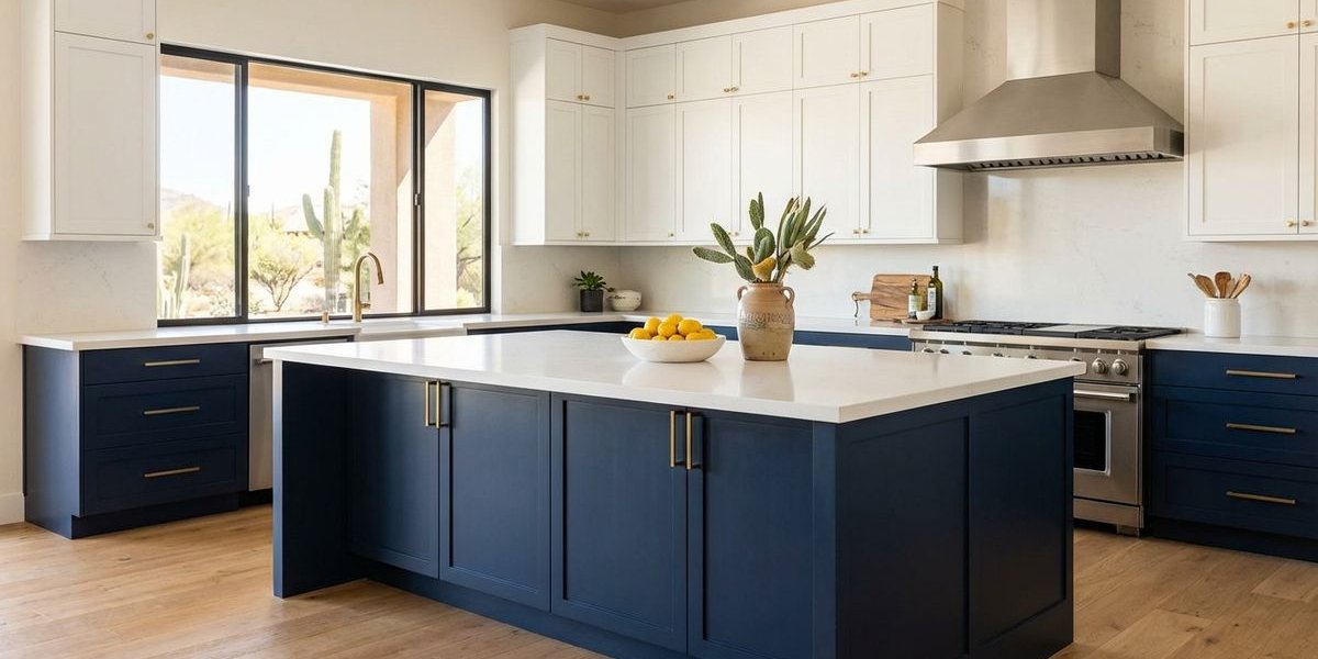 Navy blue painted kitchen island cabinets in Phoenix Arizona home with white upper cabinets showing two-tone trend