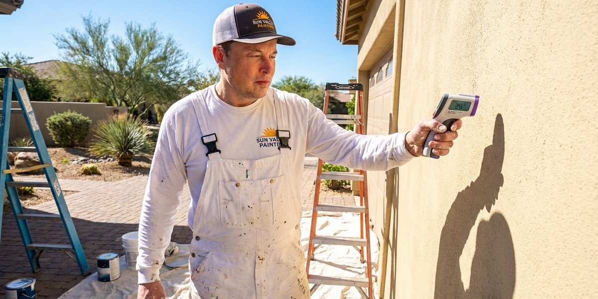 Painter checking surface temperature of Phoenix Arizona home stucco wall before applying exterior paint