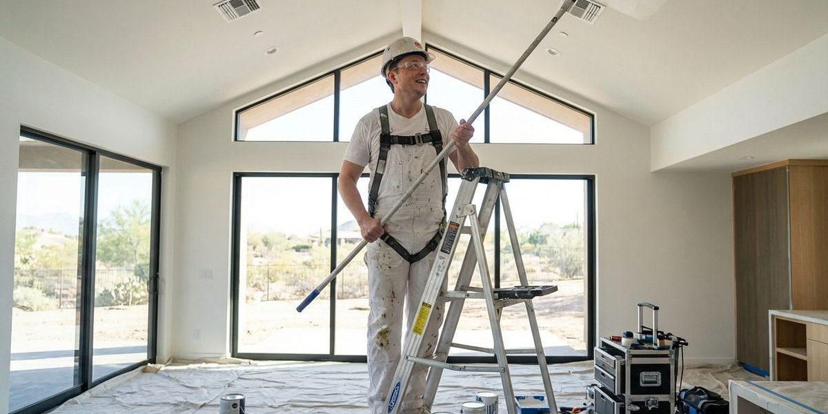 Painter on ladder painting high ceiling in Phoenix Arizona home showing professional equipment and safety gear
