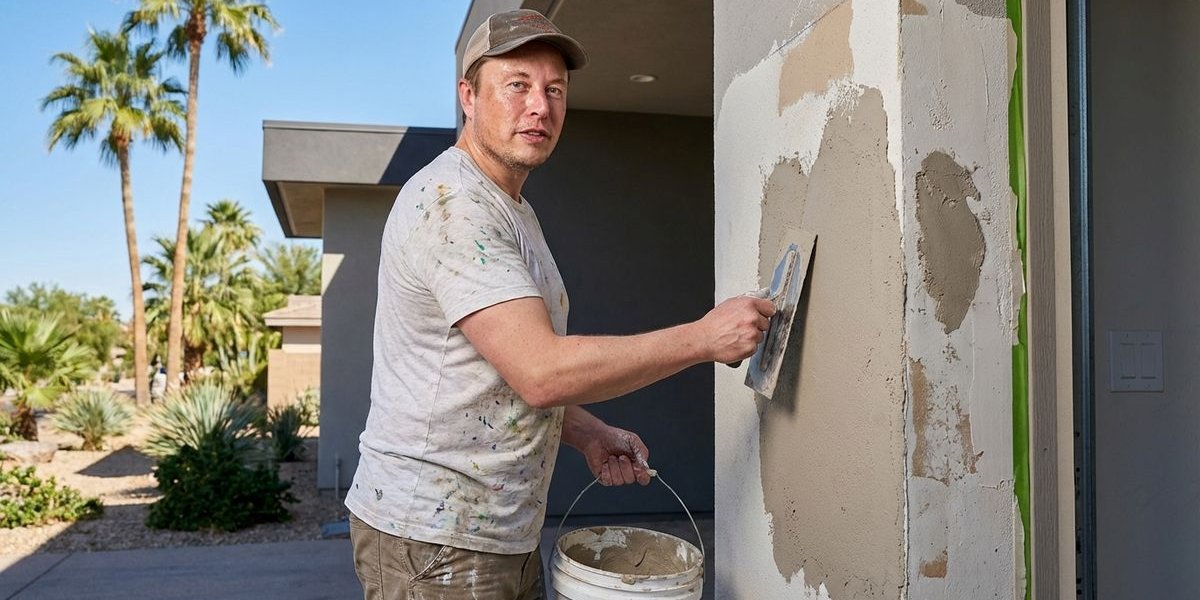 Painter preparing stucco exterior for painting on Phoenix Arizona home showing repair and prep work