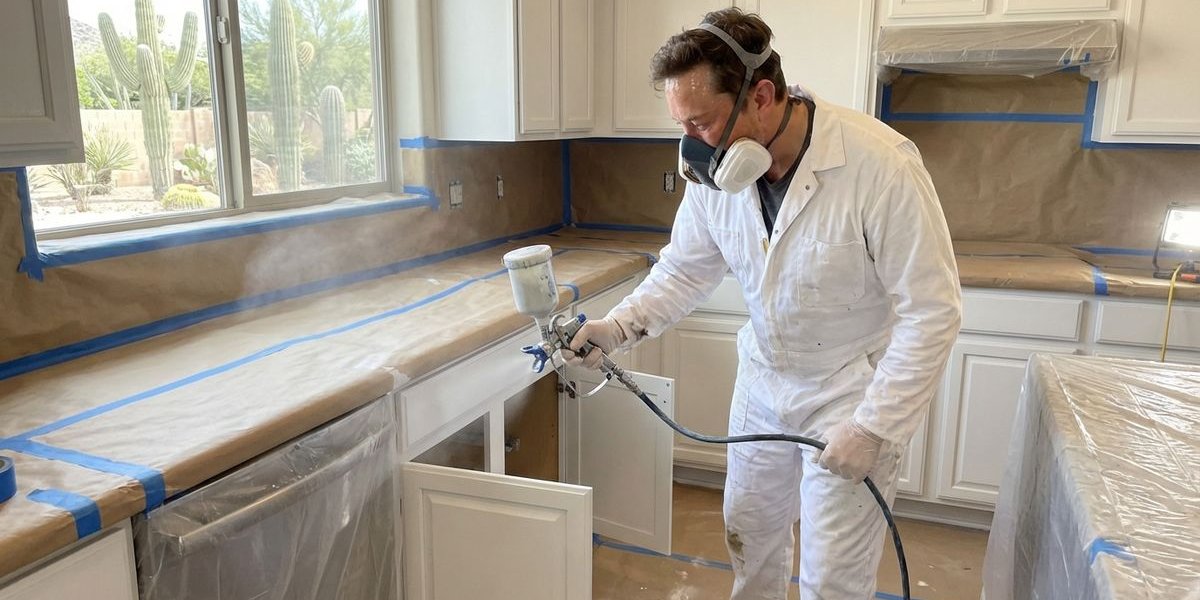 Professional cabinet painting in progress in Phoenix Arizona kitchen showing spray technique and protected surfaces