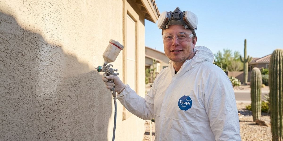 Professional painter applying exterior paint to Phoenix Arizona home stucco wall using professional spray equipment with protective gear desert landscaping visible