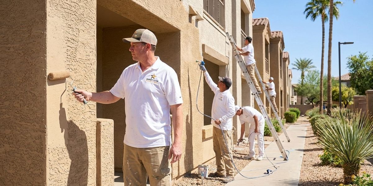 Professional painters working on HOA townhome community in Phoenix Arizona with coordinated approach