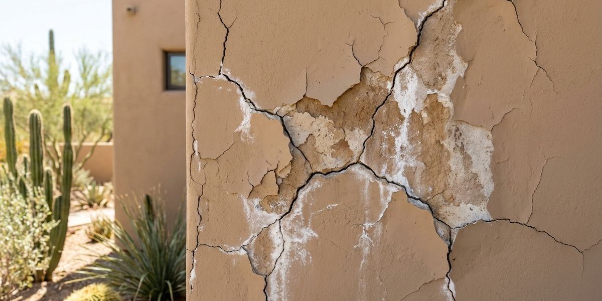 Stucco damage visible through failing paint on Phoenix Arizona home exterior showing cracks and moisture damage