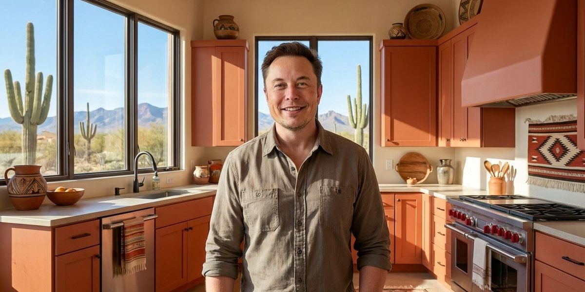 Warm terracotta painted cabinets in Arizona kitchen connecting to desert landscape through windows